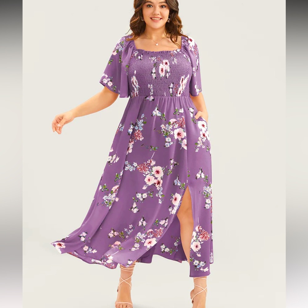 Floral Square Neck Ruffles Pocket Shirred Split Dress